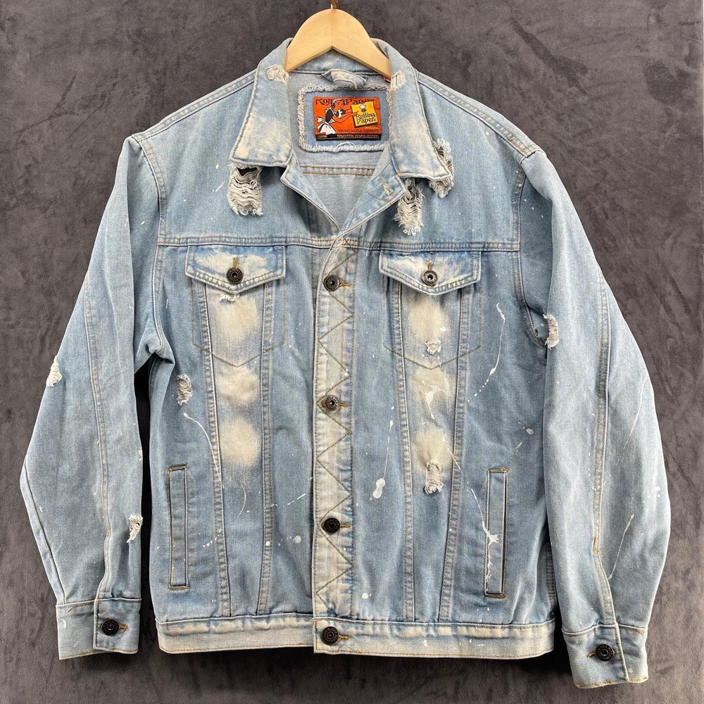 Rolling Paper Distressed Denim Jacket Light Wash Paint Splatter Mens Large